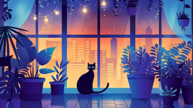 Фото Черная кошка в крытом саду с изображением городского пейзажа на закате