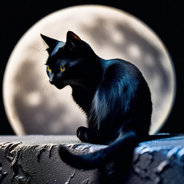Foto gatto nero sullo sfondo della luna