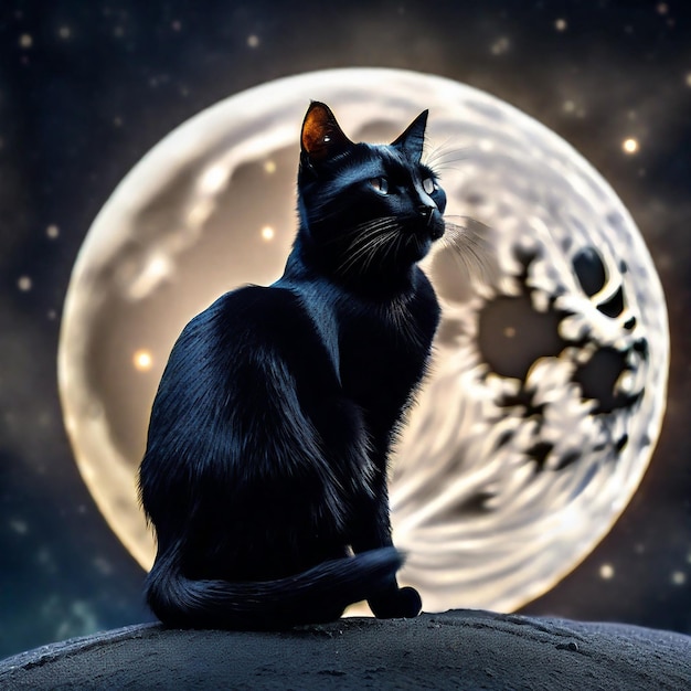 Black cat on the background of the moon