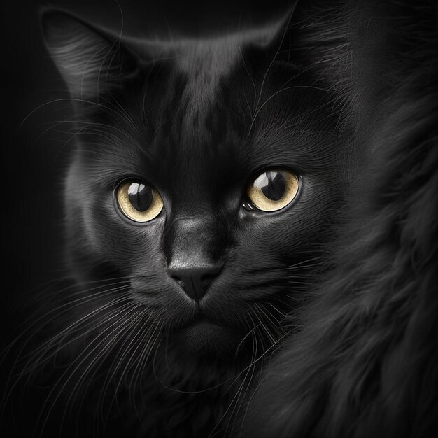 Black cat on black background with bright yellow eyes