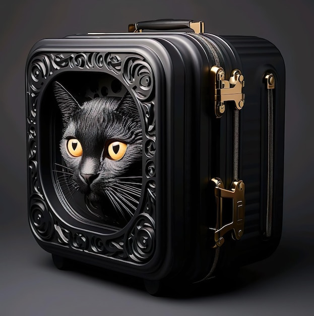 A black cat in a black case with a gold eyes and a black cat inside