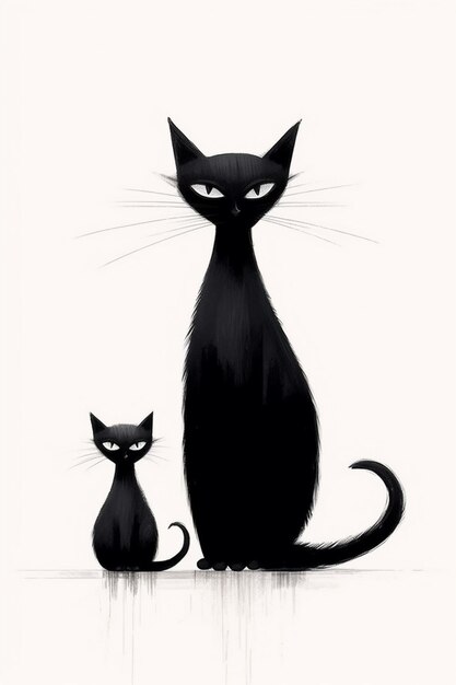 검은 고양이와 검은 고양이가 흰 배경에 앉아 있다.