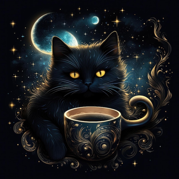 Black cat and coffee glitter in crescent moon Sparkle stary night with black cat and coffee