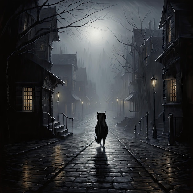 Black cat crossing a misty alley