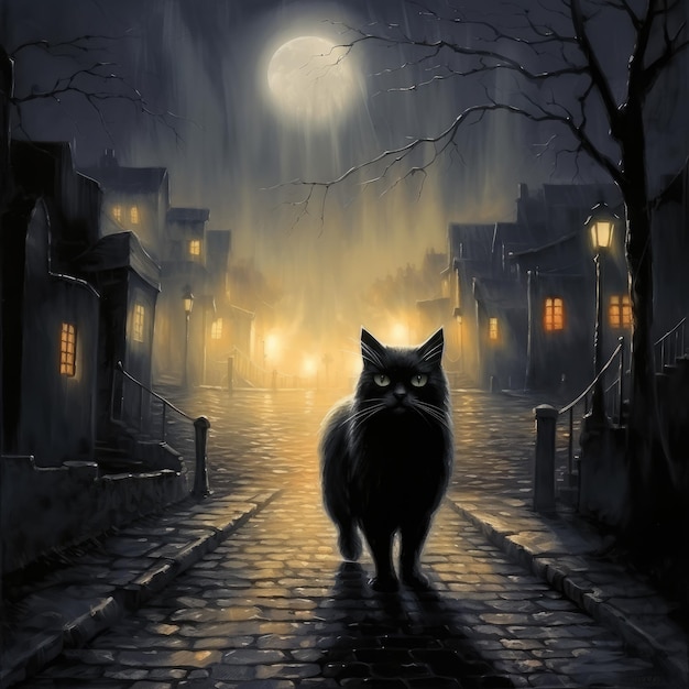 霧のかかった路地を渡る黒猫