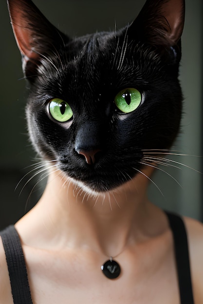 Photo black cat face with piercing green eyes
