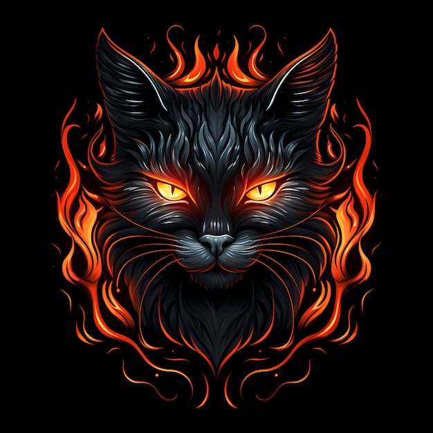 black cat fire tattoo illustration