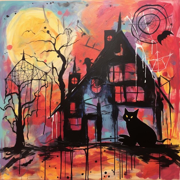 Black cat in front of haunted house with bats and full moon