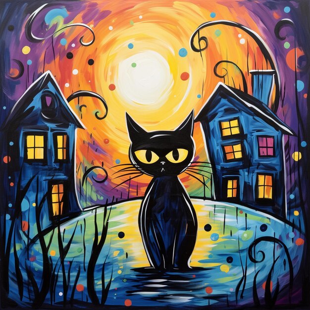 Black cat in front of two blue houses