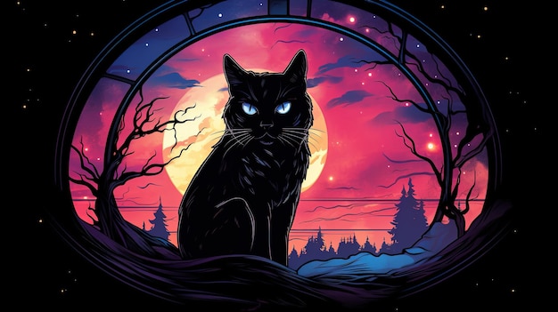 A black cat in a full moonlit sky.