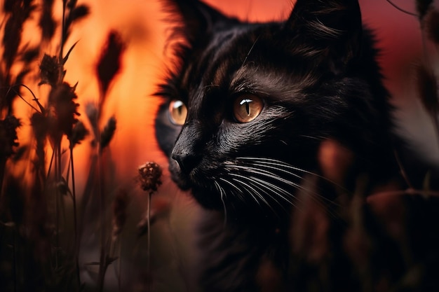 夕暮れ時の草の中の黒猫の接写 AI によって生成された画像