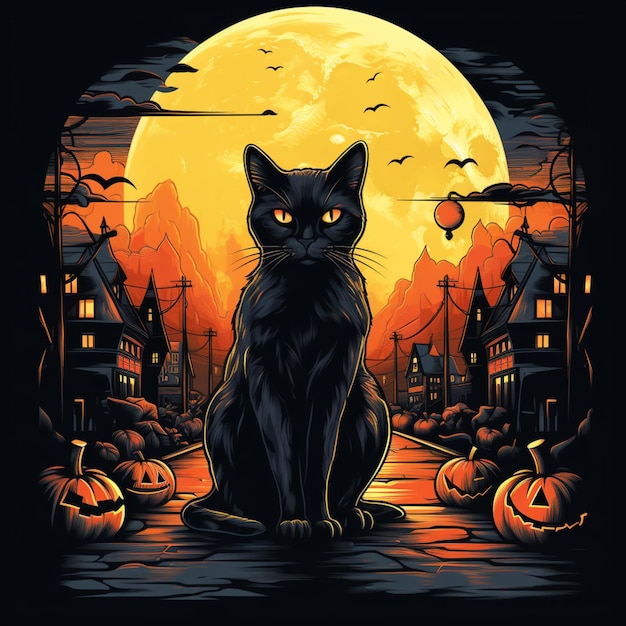 black cat on halloween illustration background