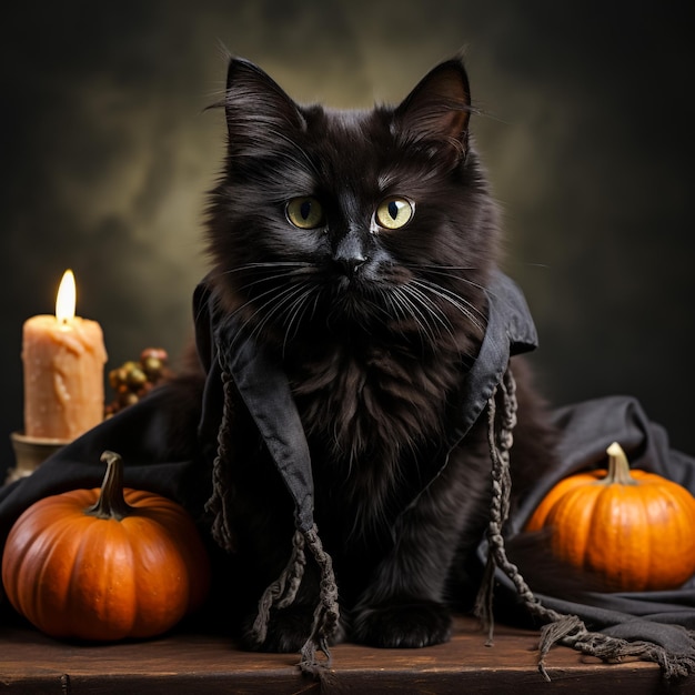 Foto design grafico artistico con gatto nero e zucca di halloween