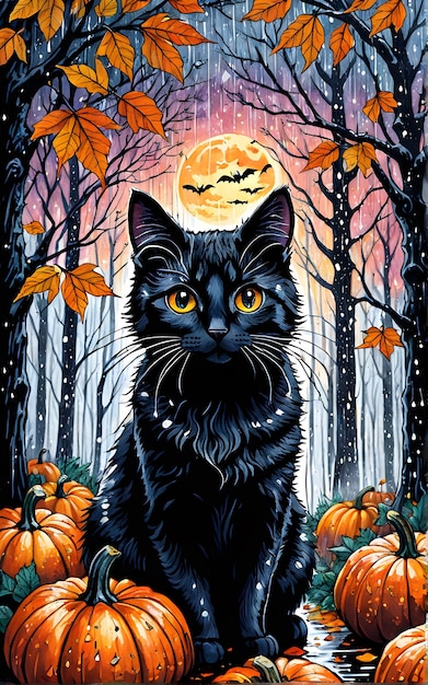 Черная кошка и тыква на Хэллоуин под осенним дождем