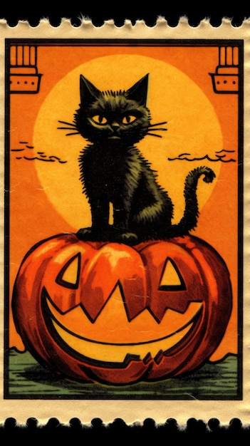 Black cat hat cute postage stamp retro vintage 1930s halloweens pumpkin illustration scan poster