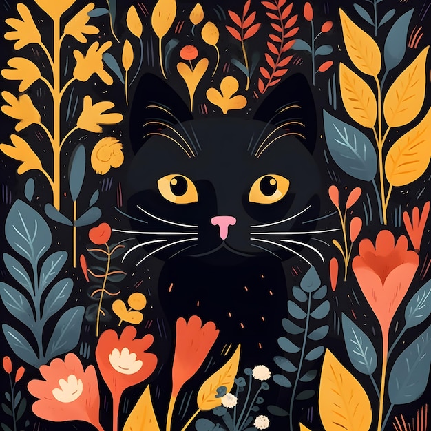 Premium AI Image | Black cat hiding in Botanical flowers flat cartoon image