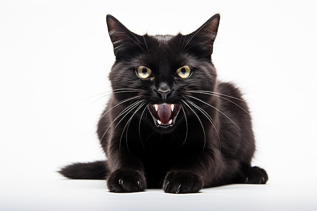 Black Cat Hissing on White Background