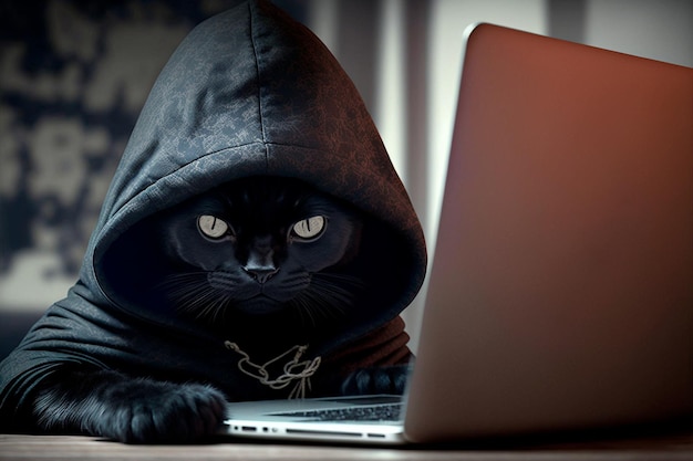 Black cat in a hood sits at a laptop Information technology concept Generative AI