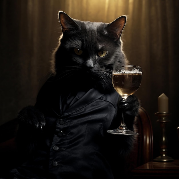 a black cat is holding a glass of beer.