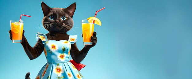 A black cat is holding glasses of drink during summer