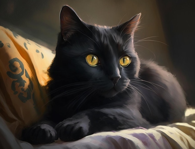 A black cat is laying on a pillow with a yellow eye.