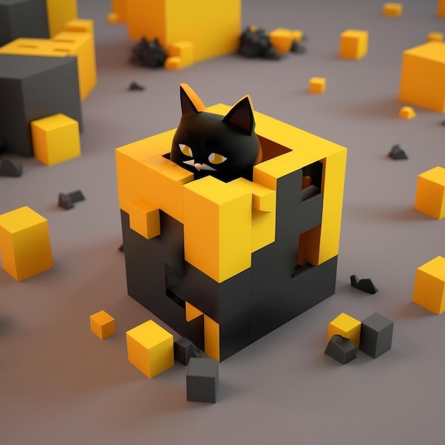 검은 고양이가 큐브에서 엿보고 있습니다.