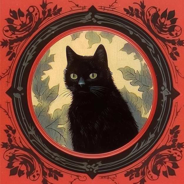 검은 고양이는 빨간 프레임과 함께 빨간 틀에 있습니다.