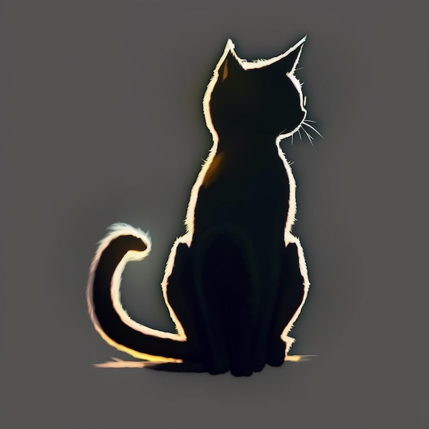 A black cat is silhouetted against a dark background.