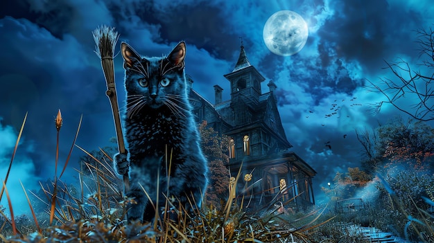 A black cat is sitting in a field of grass in front of a haunted house The cat is holding a broom in its paws The house is made of wood