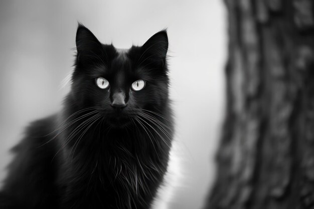 Foto un gatto nero è seduto davanti a un albero