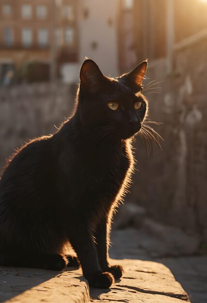 a black cat is sitting on the ground and looking at the camera