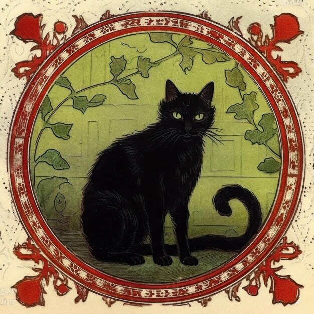 a black cat is sitting in a red and white frame.