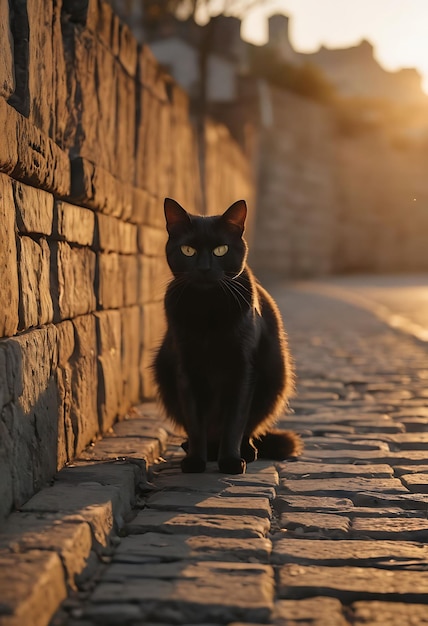 黒い猫が太陽の下の石の道に座っている