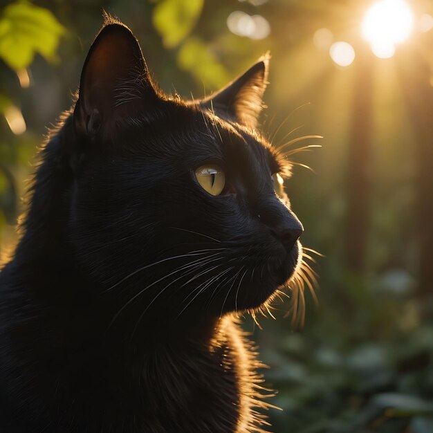 黒い猫が太陽に座っており太陽は彼の後ろに輝いています