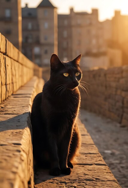 黒い猫が壁に座ってカメラを見ている