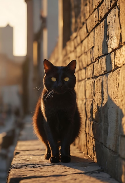 黒い猫がレンガの壁に立ってカメラを見上げている