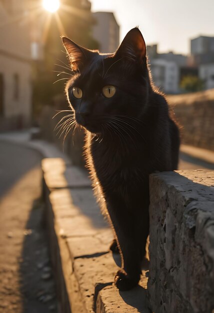 검은 고양이가 벽에 서서 카메라를 쳐다보고 있다.
