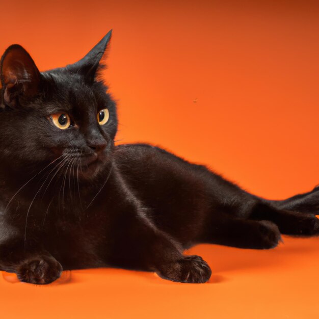 a black cat laying on an orange background