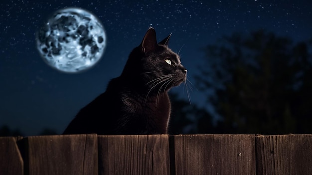 A black cat looking at the moon