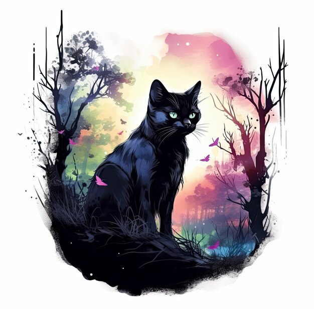 Black Cat in Moonlit Forest Watercolor for Tshirt design