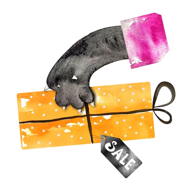 Black cat paw holding yellow gift box with sale tag watercolor