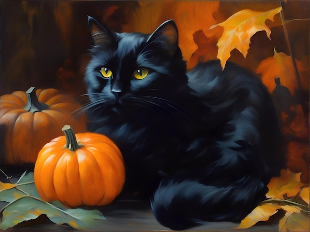 Черная кошка и тыквы Картина маслом в стиле импрессионизм Генеративный AI