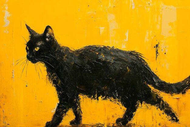 Photo a black cat set against a vibrant yellow background