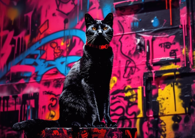 Силуэт черной кошки, запечатленный в сцене, вдохновленной уличным искусством, с покрытыми граффити стенами и вибрацией.