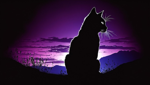 Black cat silhouette sitting back image Ai generated art