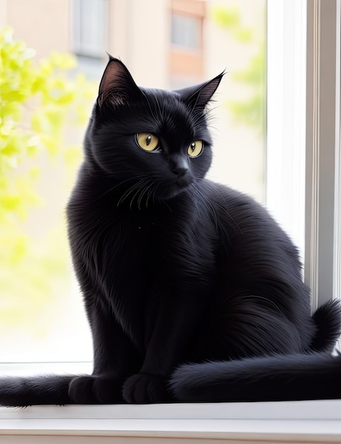 창문 근처에 앉아 있는 검은 고양이