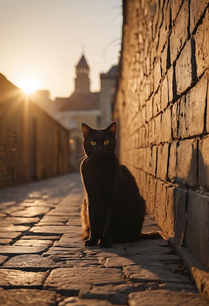 검은 고양이가 건물 앞의 자갈로 된 거리에 앉아 있고, 태양이 그 뒤에 서 있습니다.