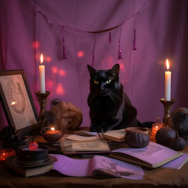 A black cat sits in front of a table with books and a candle.