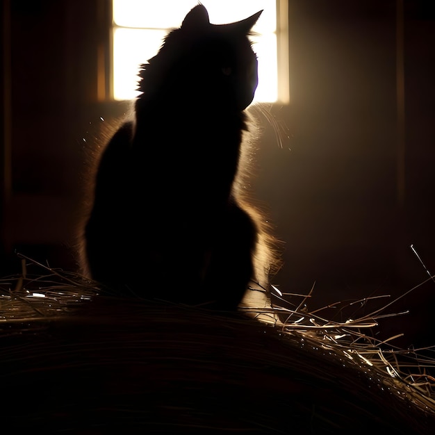 a black cat sits in front of a window with the sun shining through it.