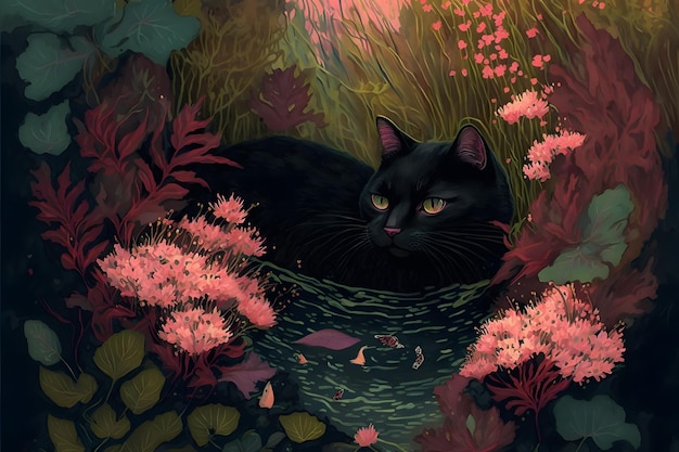 A black cat sits in a nest of flowers.